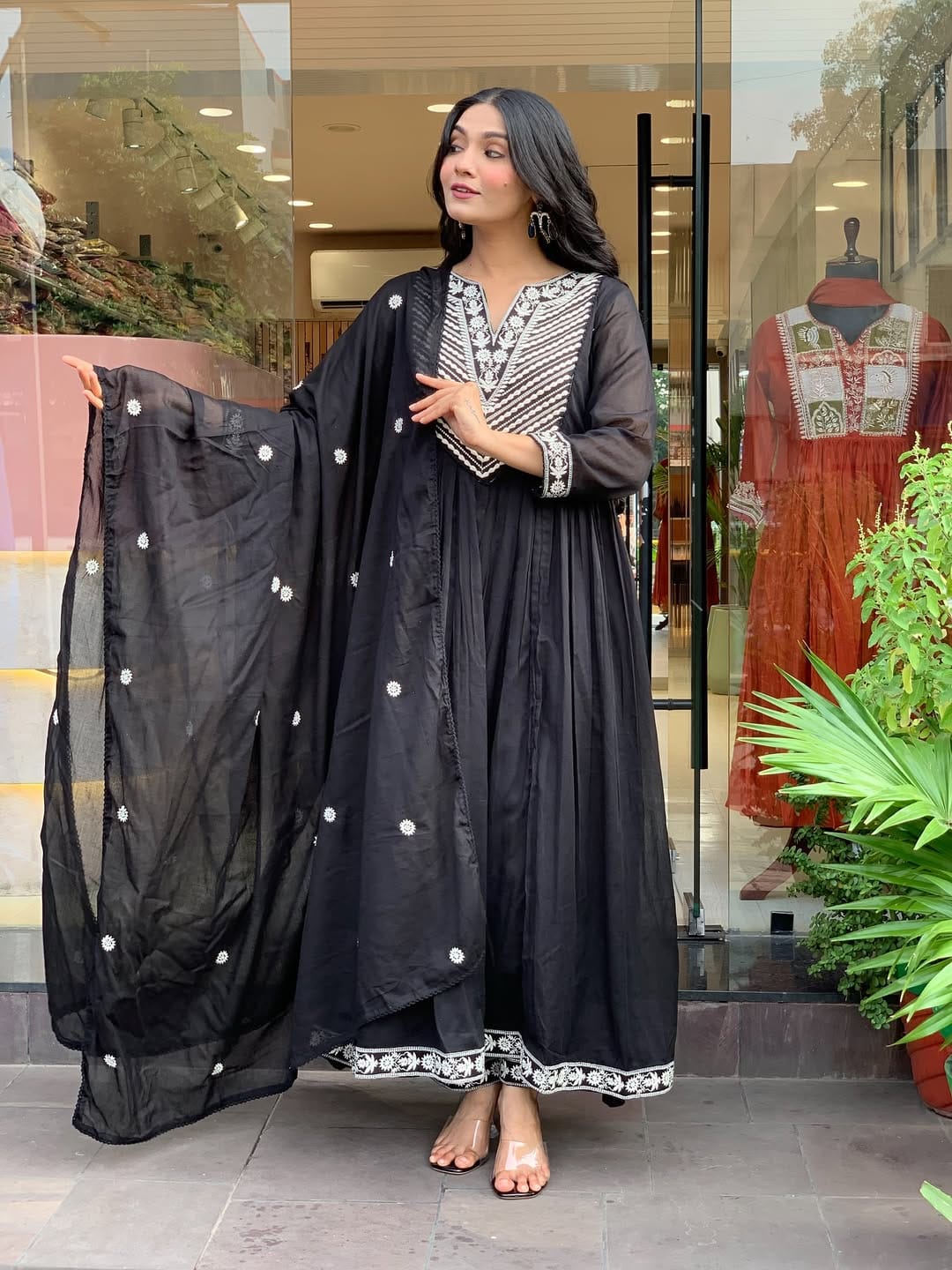 Noir Elegance Embroidered Cotton Anarkali Set