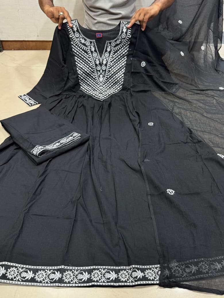 Noir Elegance Embroidered Cotton Anarkali Set