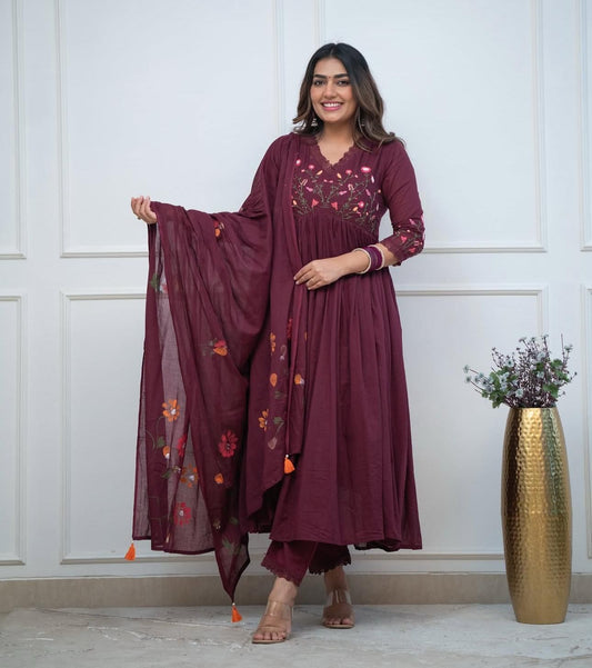 Maroon Blossom Embroidered Cotton Anarkali Set