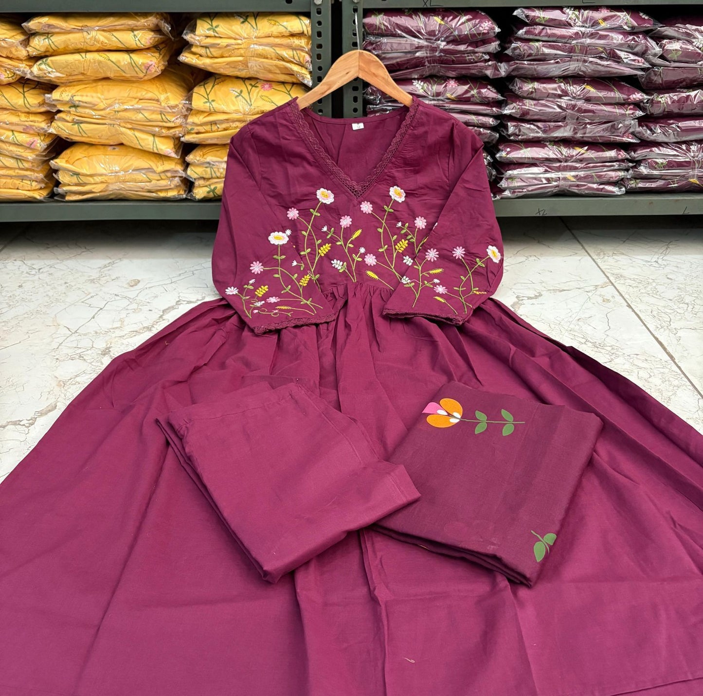 Maroon Blossom Embroidered Cotton Anarkali Set