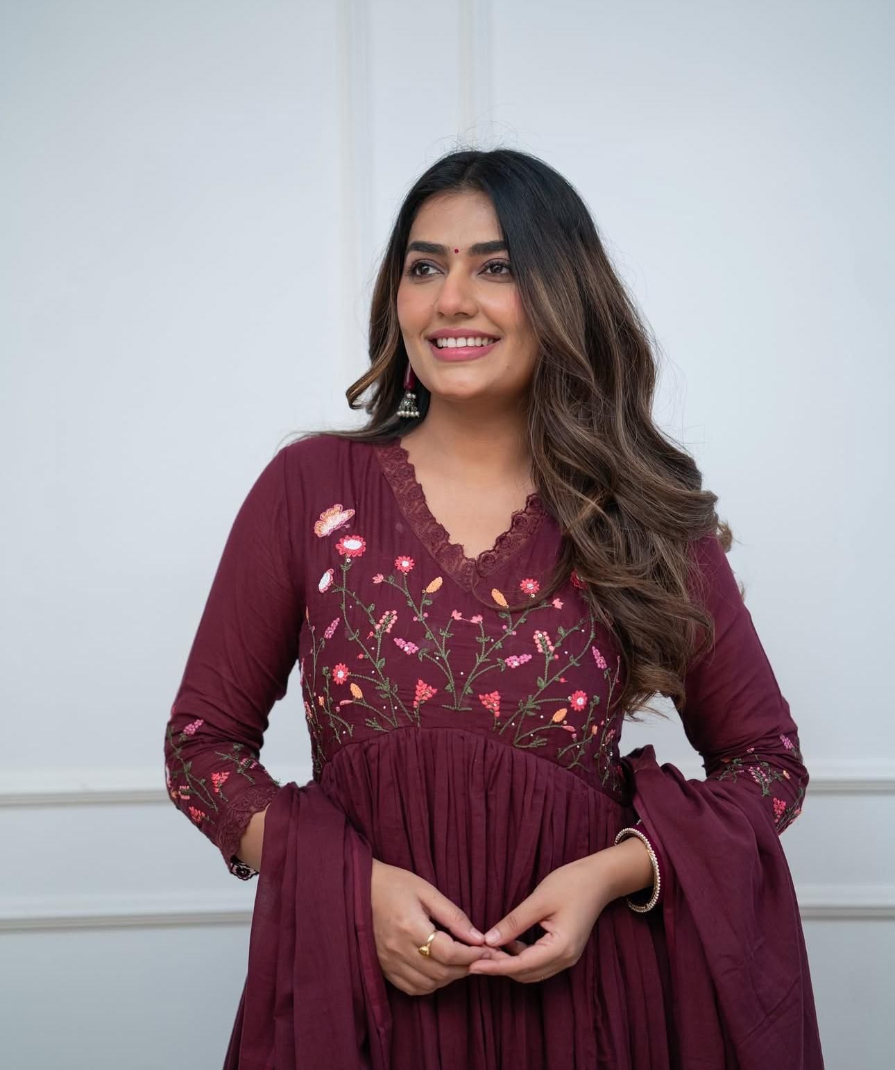 Maroon Blossom Embroidered Cotton Anarkali Set