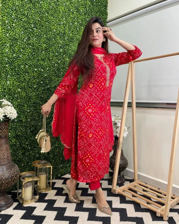 Red Bandhani Suit with Gota Patti