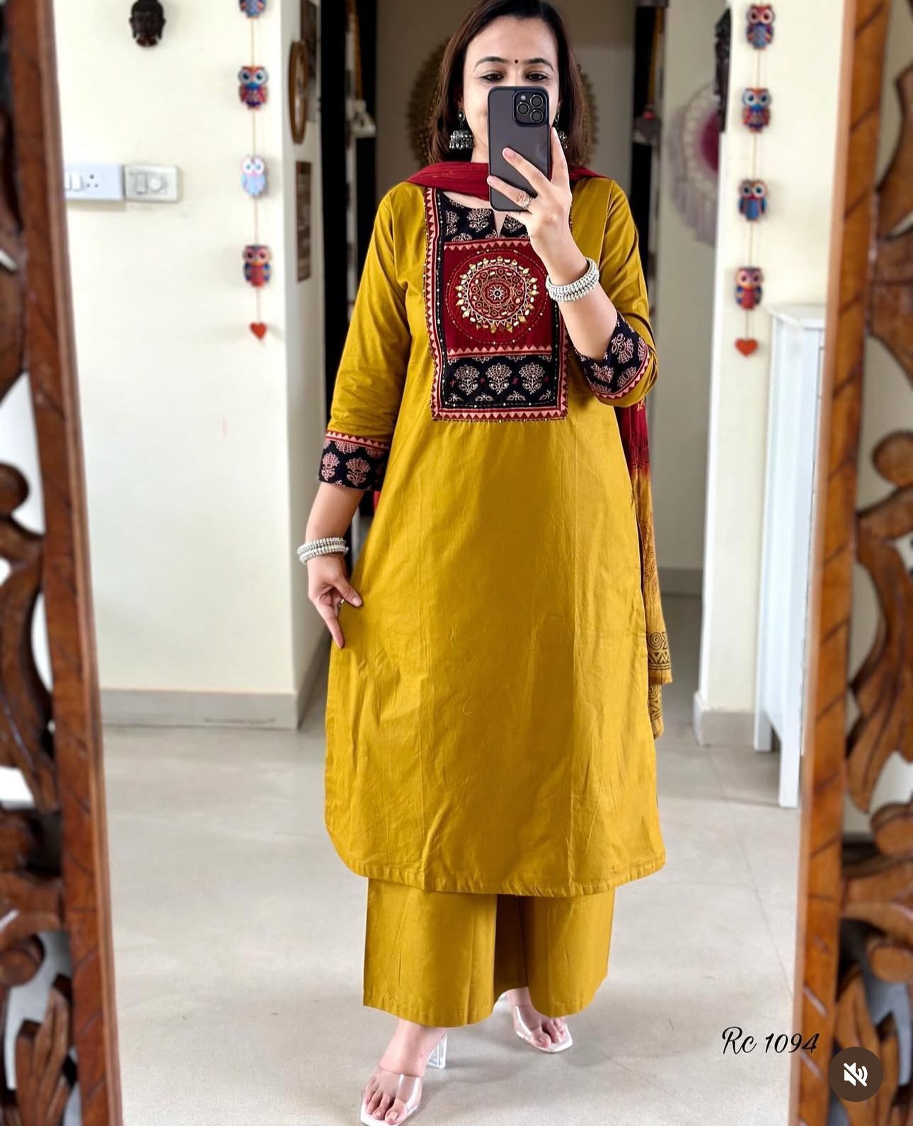 Mustard & Maroon Cotton Suit with Embroidered Yoke