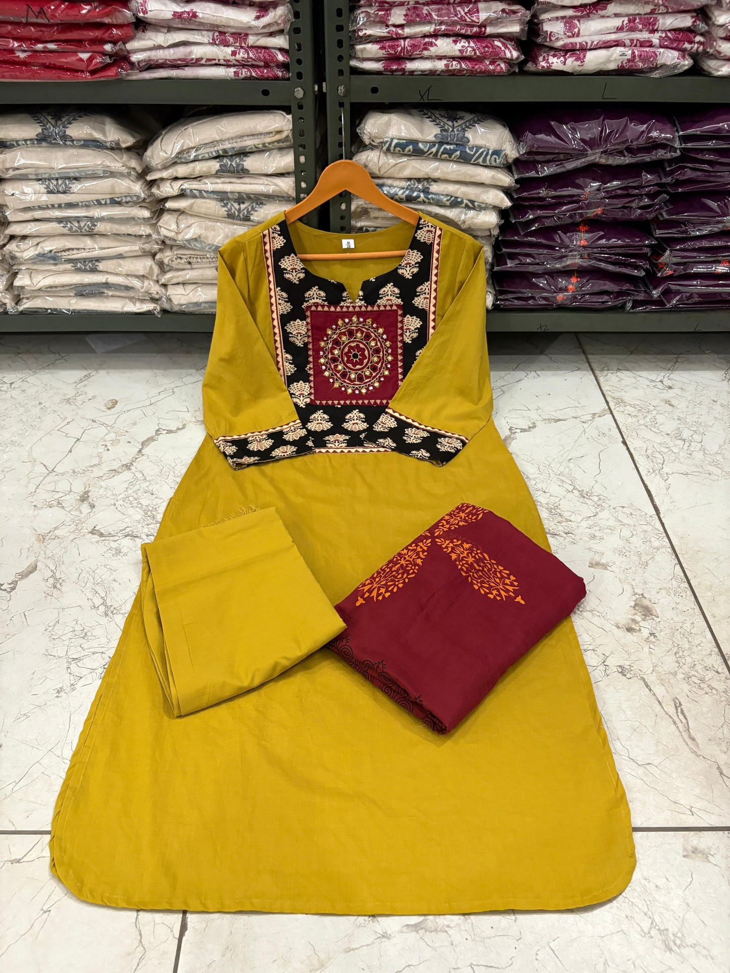Mustard & Maroon Cotton Suit with Embroidered Yoke