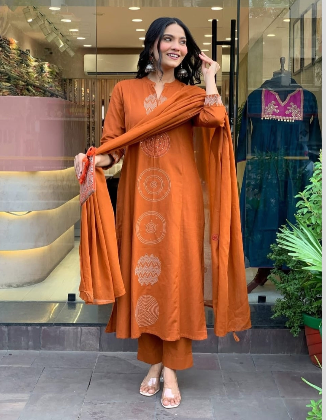 Terracotta Cotton Suit with Circular Embroidery