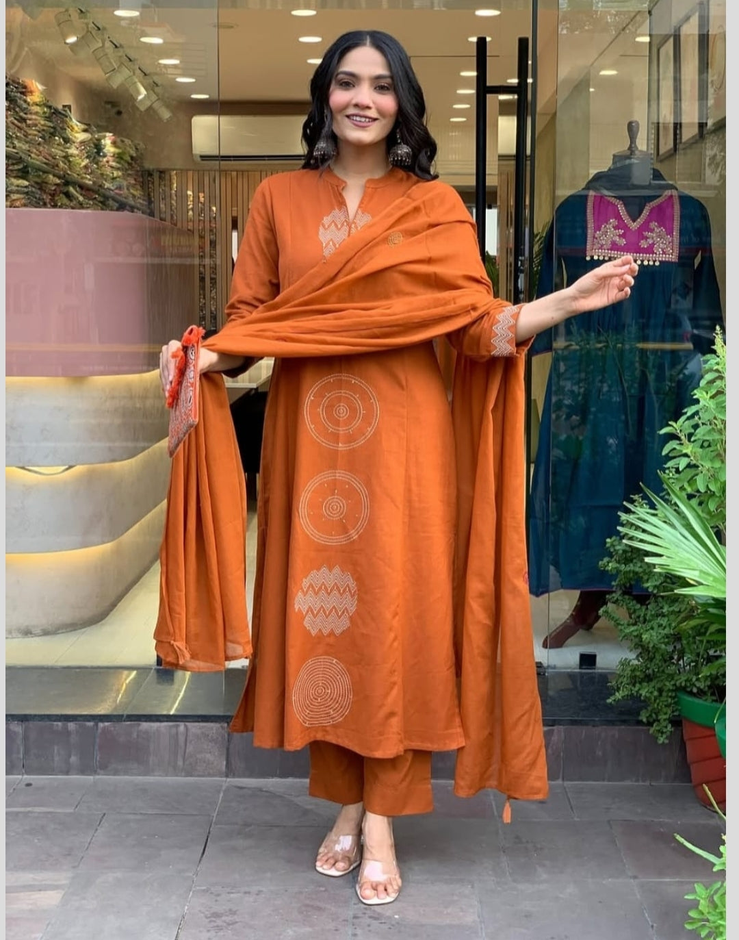 Terracotta Cotton Suit with Circular Embroidery