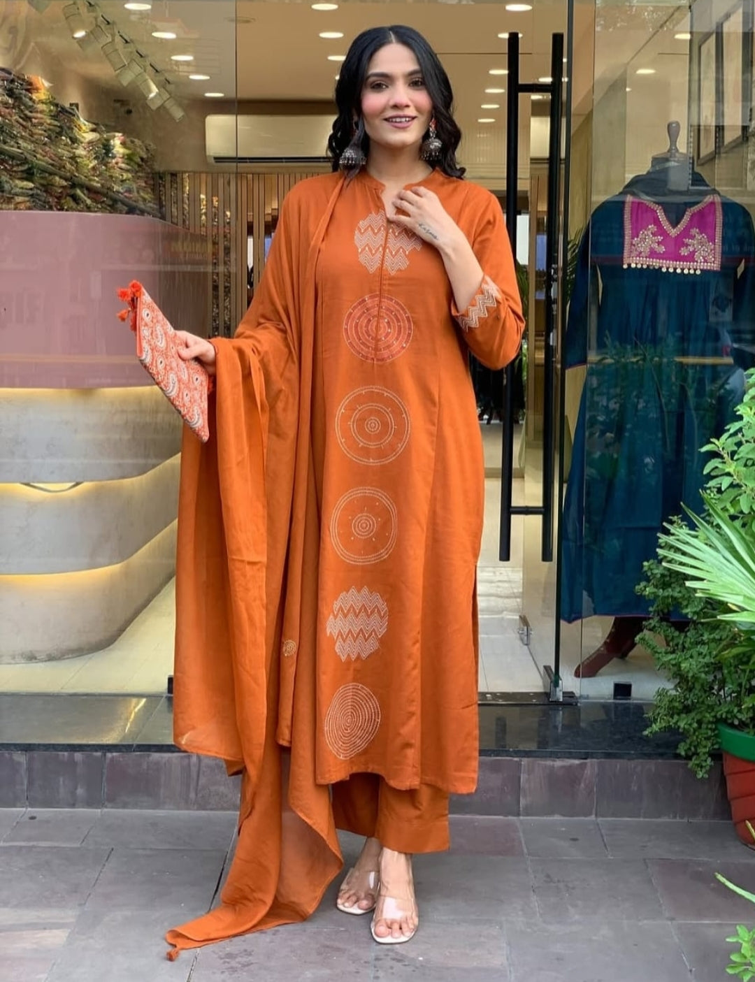 Terracotta Cotton Suit with Circular Embroidery