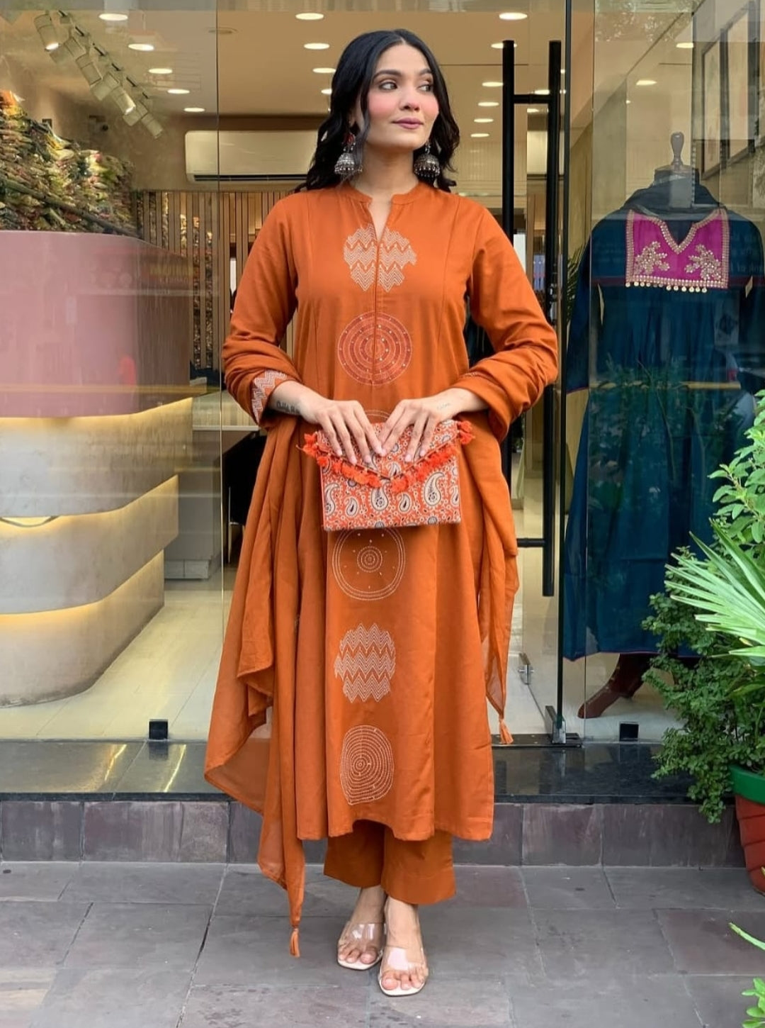Terracotta Cotton Suit with Circular Embroidery