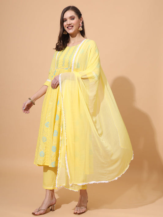Pure Cotton Schiffli Kurta,Pant & Dupatta Set