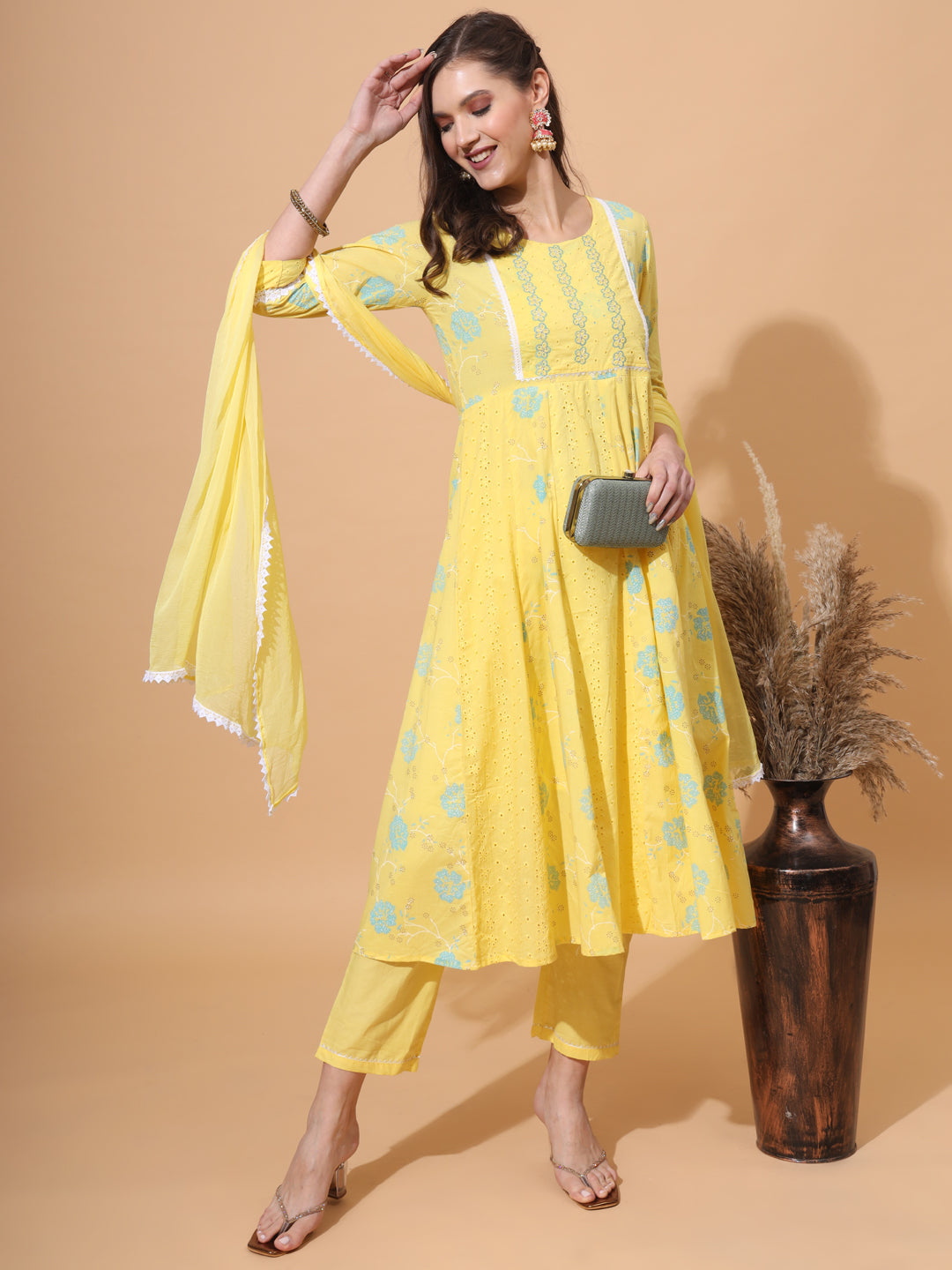 Pure Cotton Schiffli Kurta,Pant & Dupatta Set