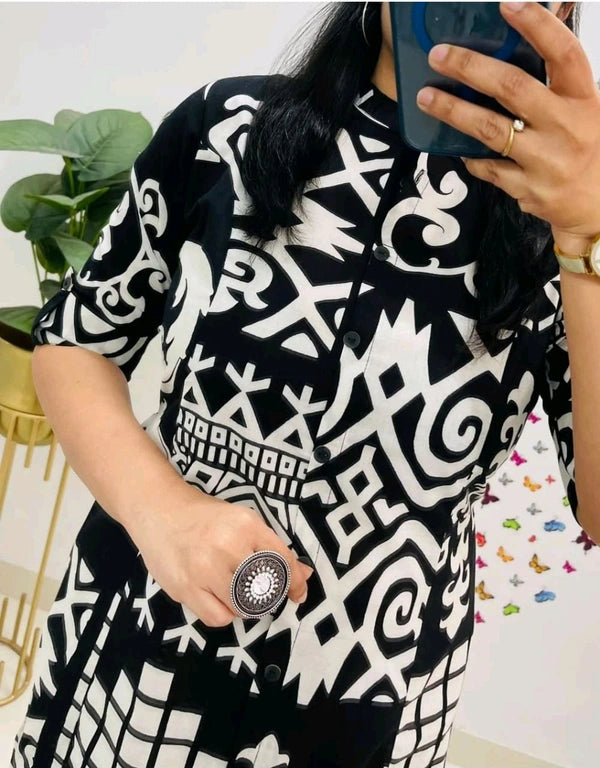 Black and White Geometric Print Cotton Suit