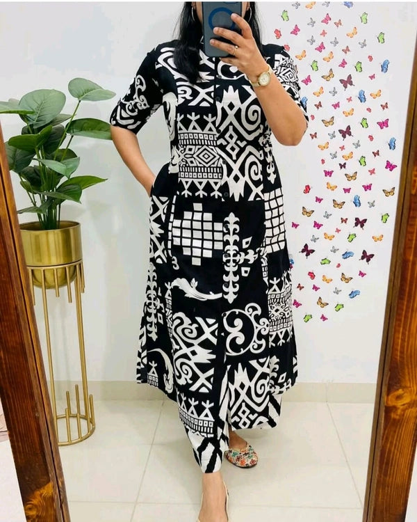 Black and White Geometric Print Cotton Suit