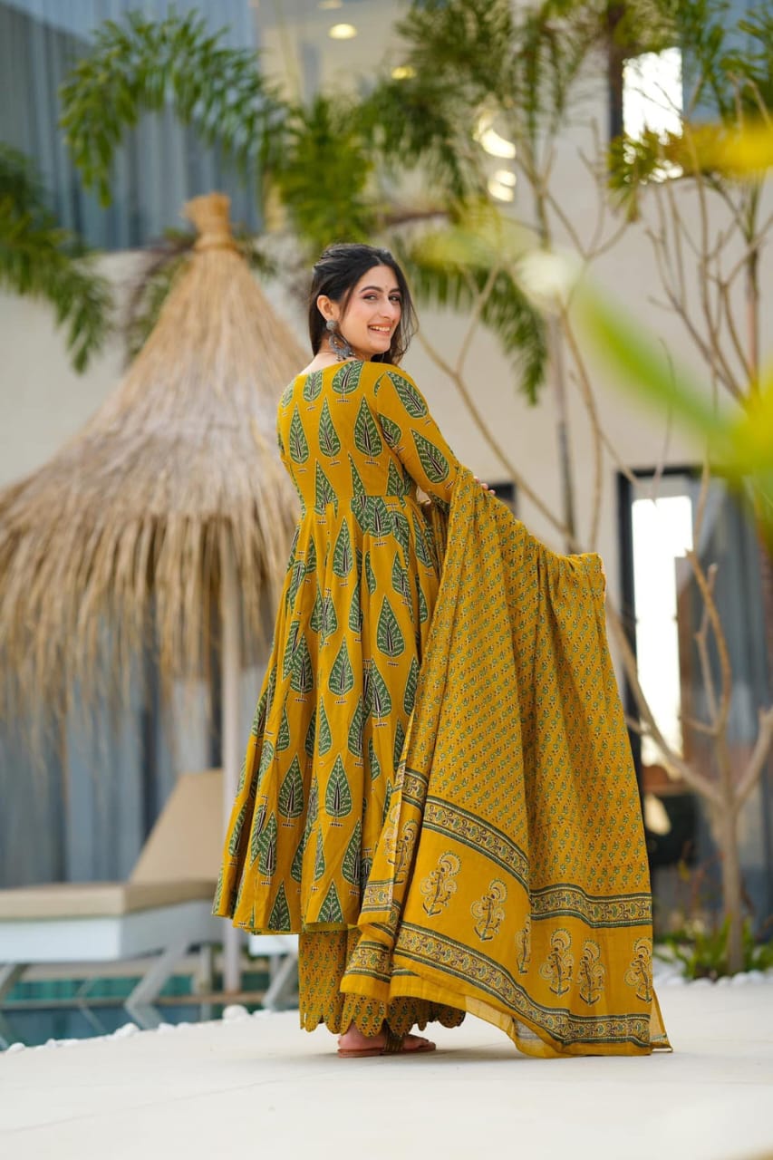 Golden Bloom Anarkali Cotton Set