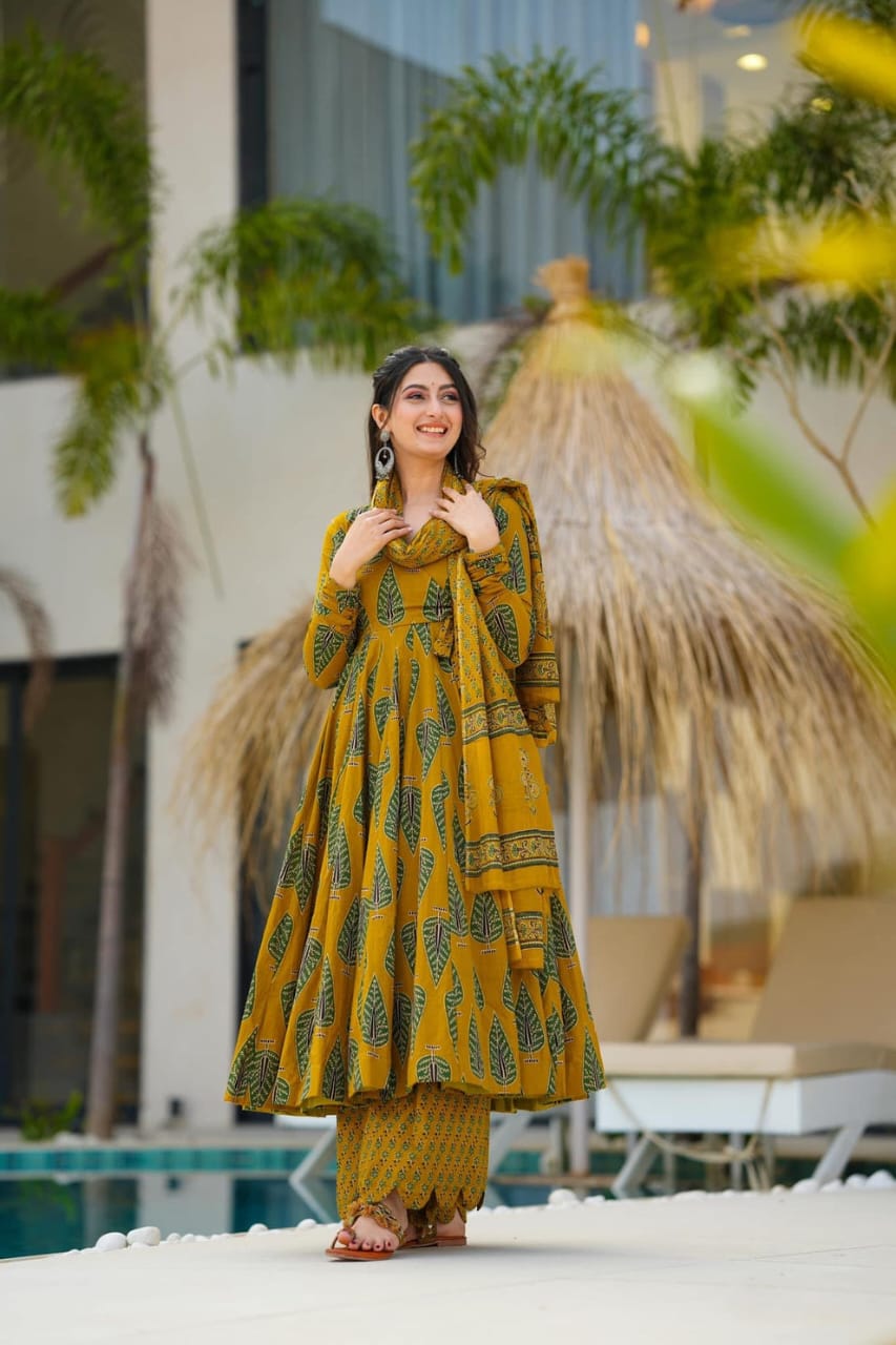 Golden Bloom Anarkali Cotton Set