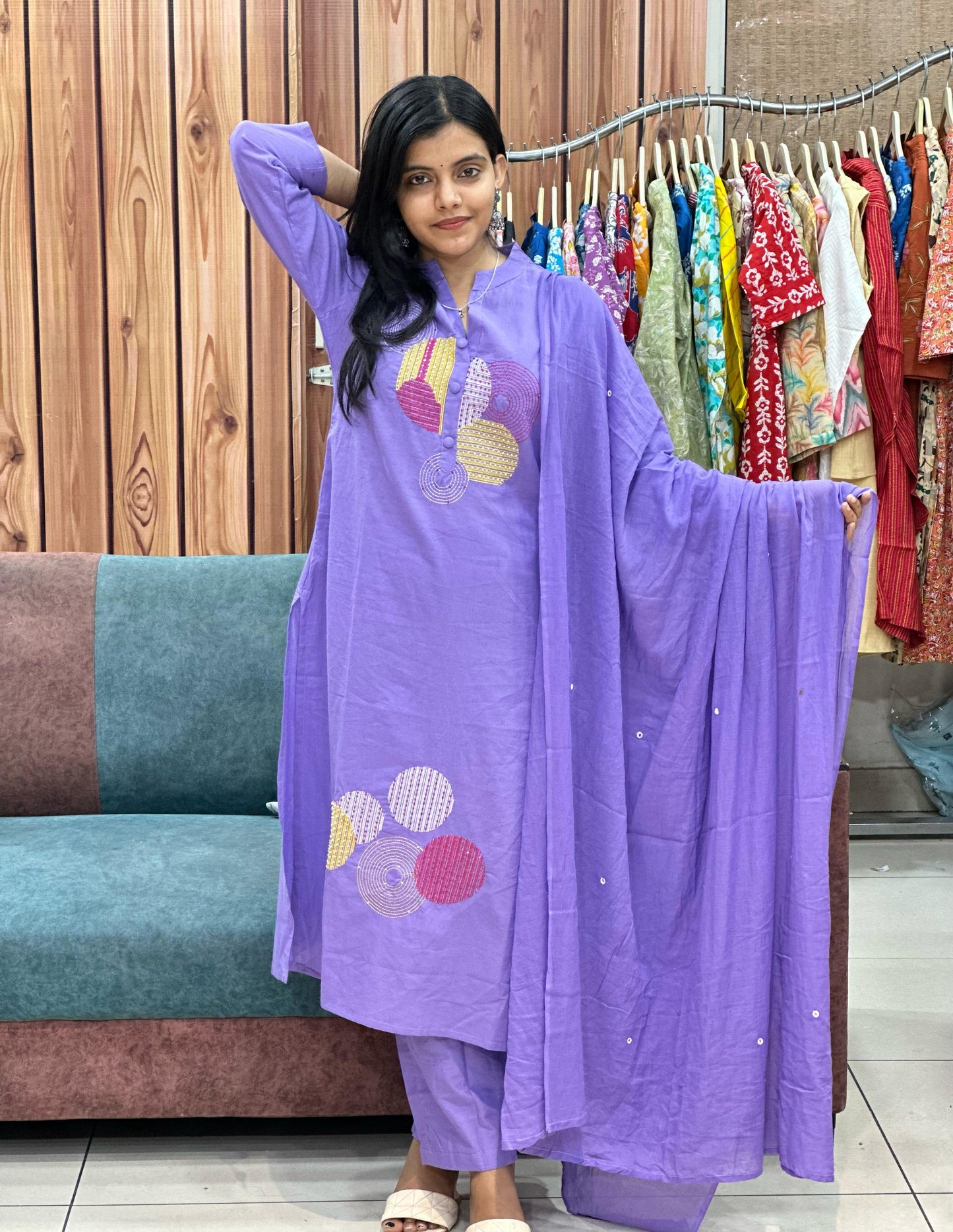 Lavender Bliss Pure Cotton Suit – Hand Embroidered Elegance