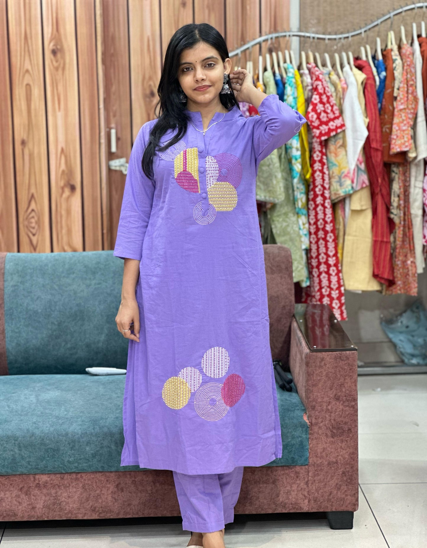 Lavender Bliss Pure Cotton Suit – Hand Embroidered Elegance