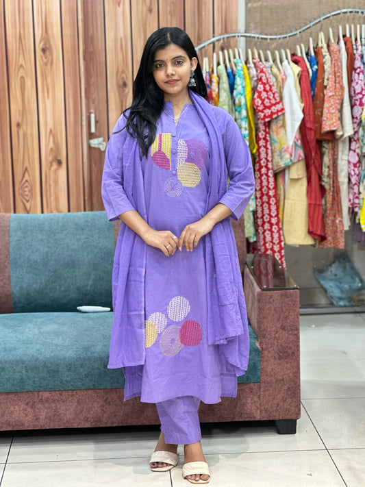 Lavender Bliss Pure Cotton Suit – Hand Embroidered Elegance
