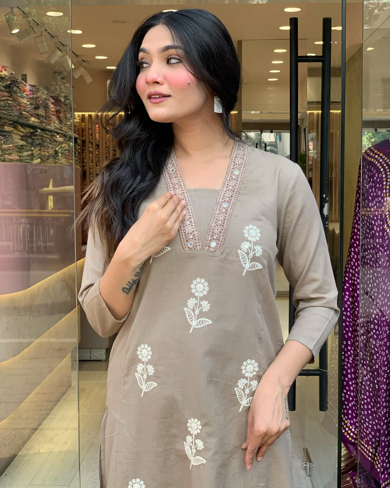 Beige Cotton Set with Modern Handwork