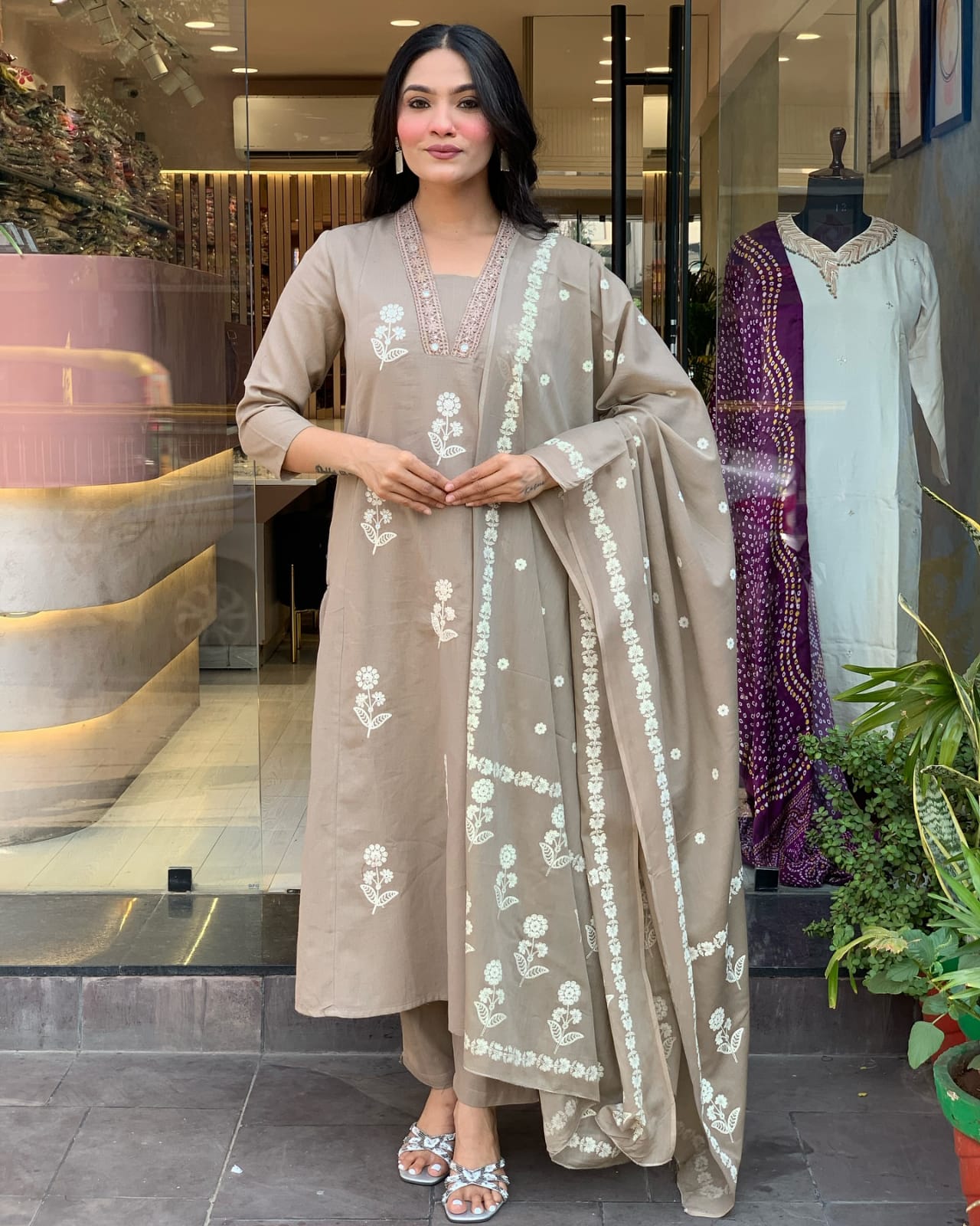 Beige Cotton Set with Modern Handwork