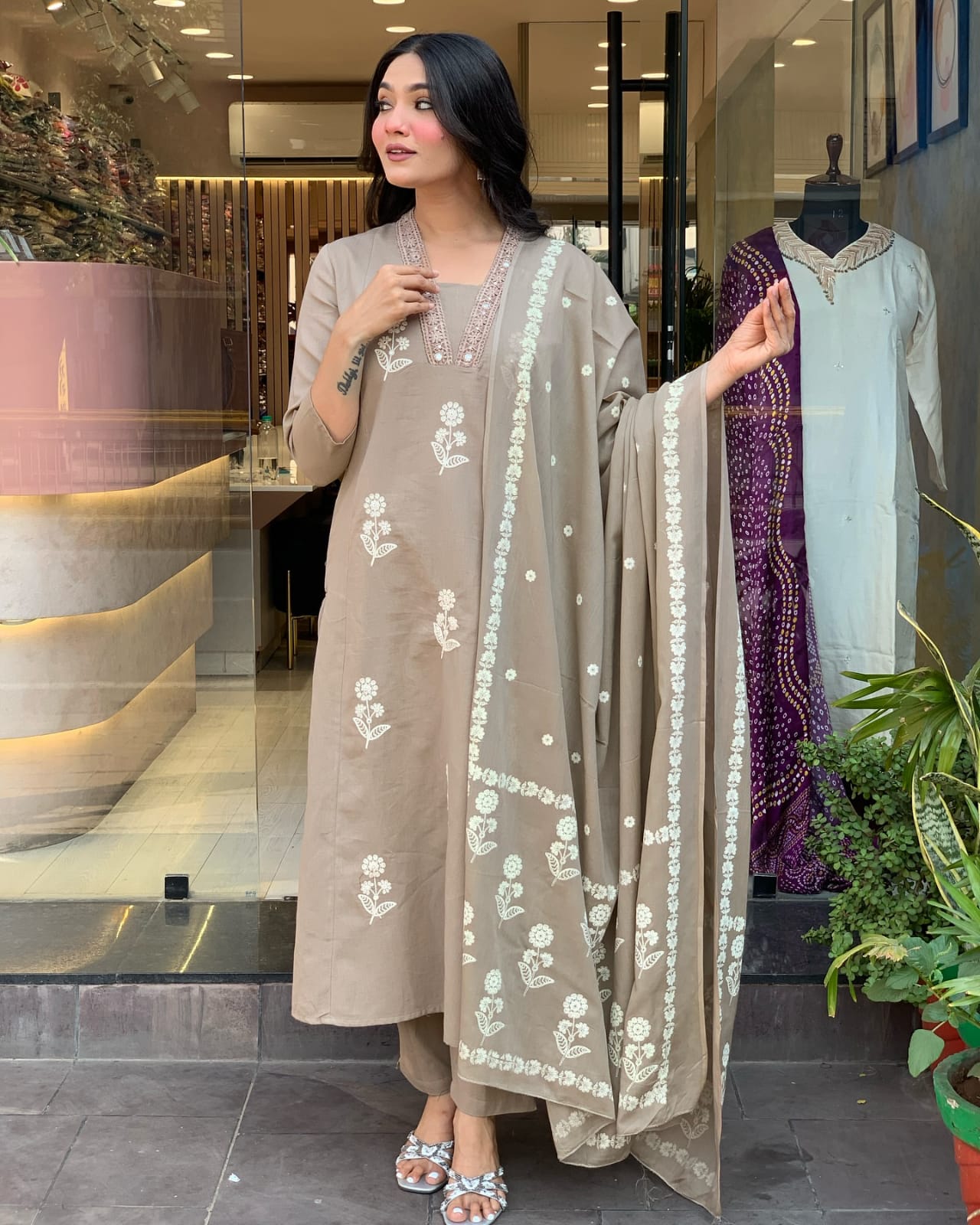 Beige Cotton Set with Modern Handwork