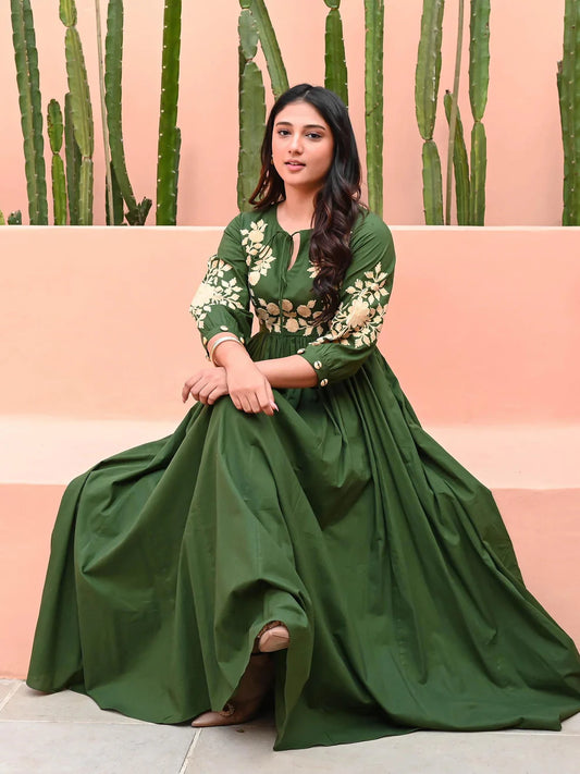 Zehra Olive Bloom Cotton Anarkali Gown
