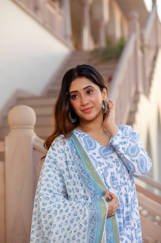 White & Blue Delight Pure Viscose Suit