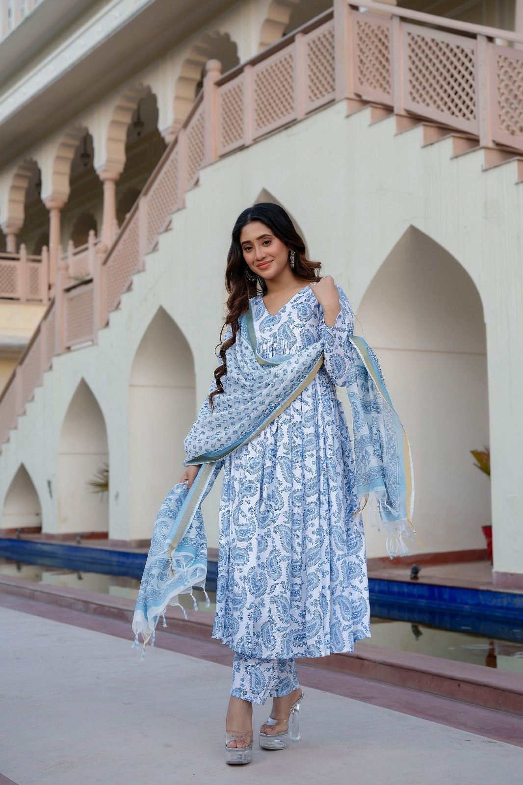 White & Blue Delight Pure Viscose Suit