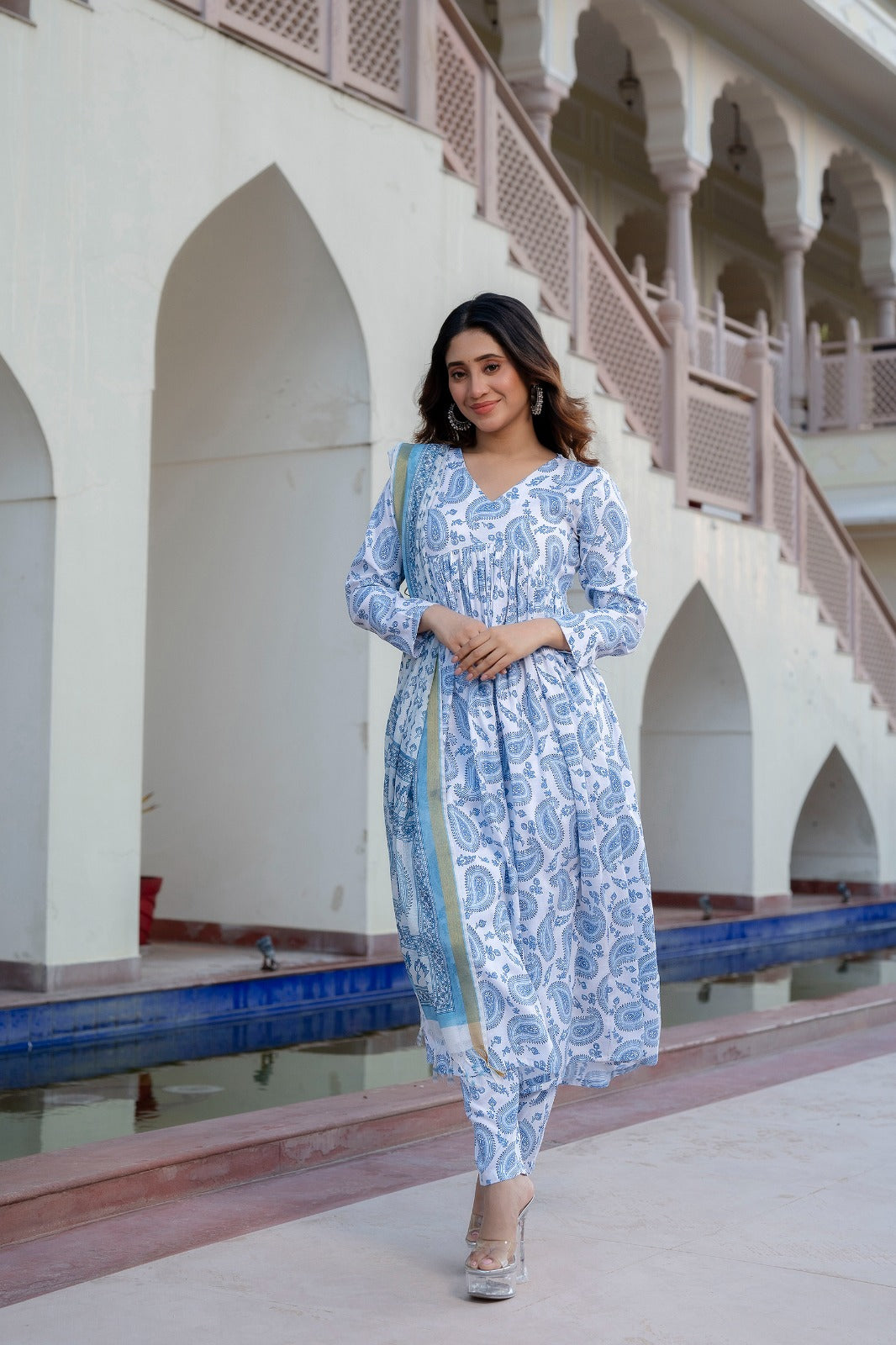 White & Blue Delight Pure Viscose Suit