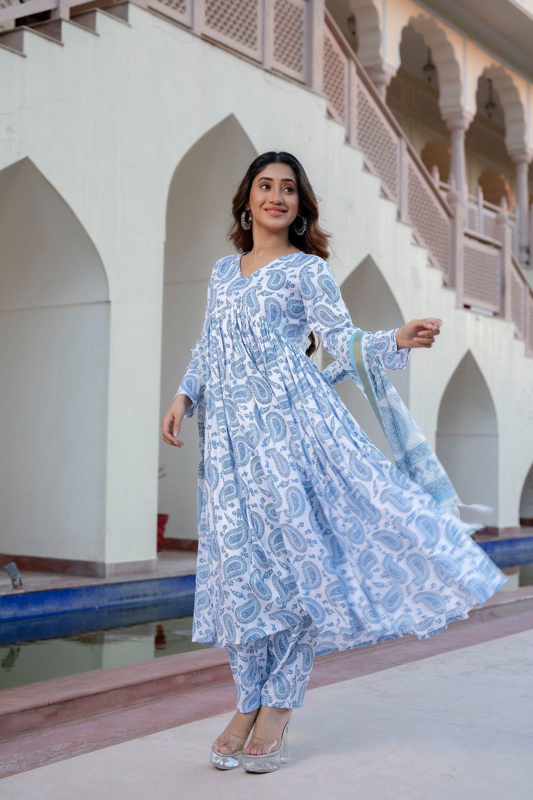 White & Blue Delight Pure Viscose Suit