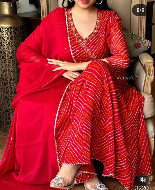 Gulzar Rayon Red Bandhani Suit Set