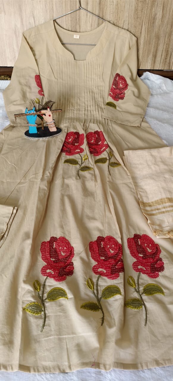 Premium Cotton Kurti Set with Rose Embroidery
