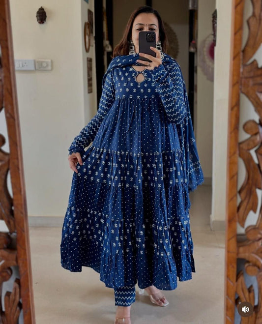 Blue Zara Cotton Anarkali Set – Ethnic Elegance in Indigo