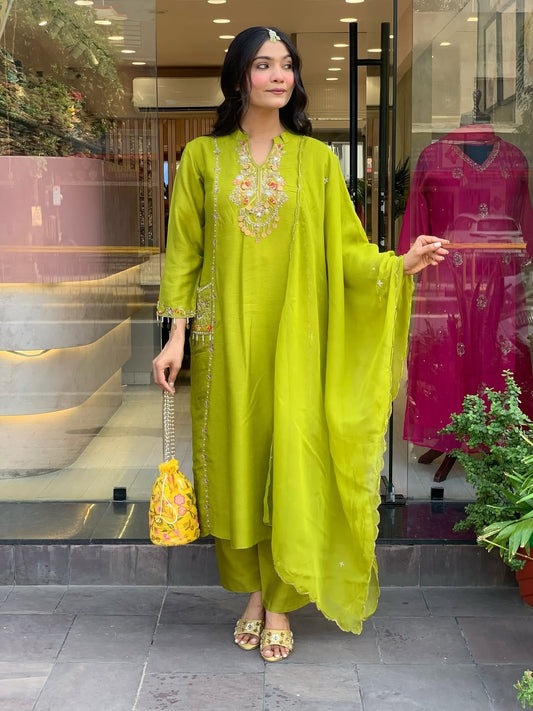 Lime Glow Embroidered Elegance Suit Set