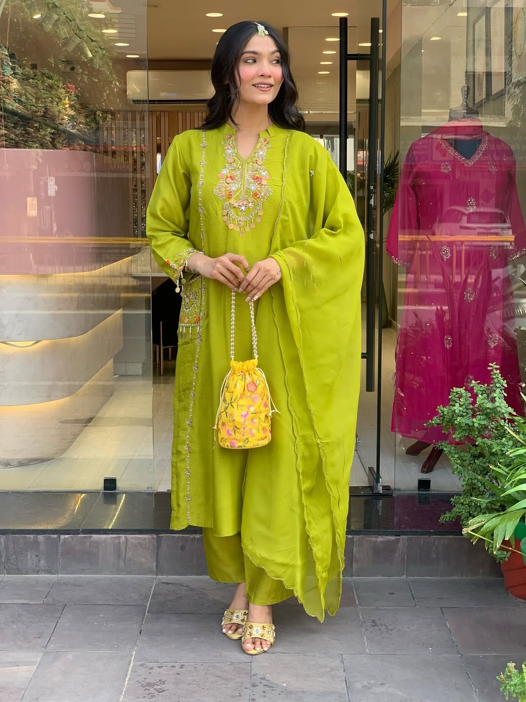 Lime Glow Embroidered Elegance Suit Set
