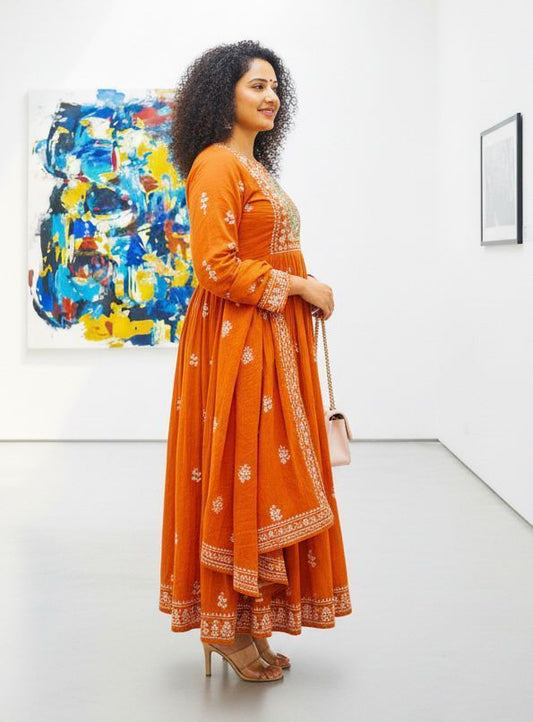 Rust Kalika Embroidered Cotton Suit Set