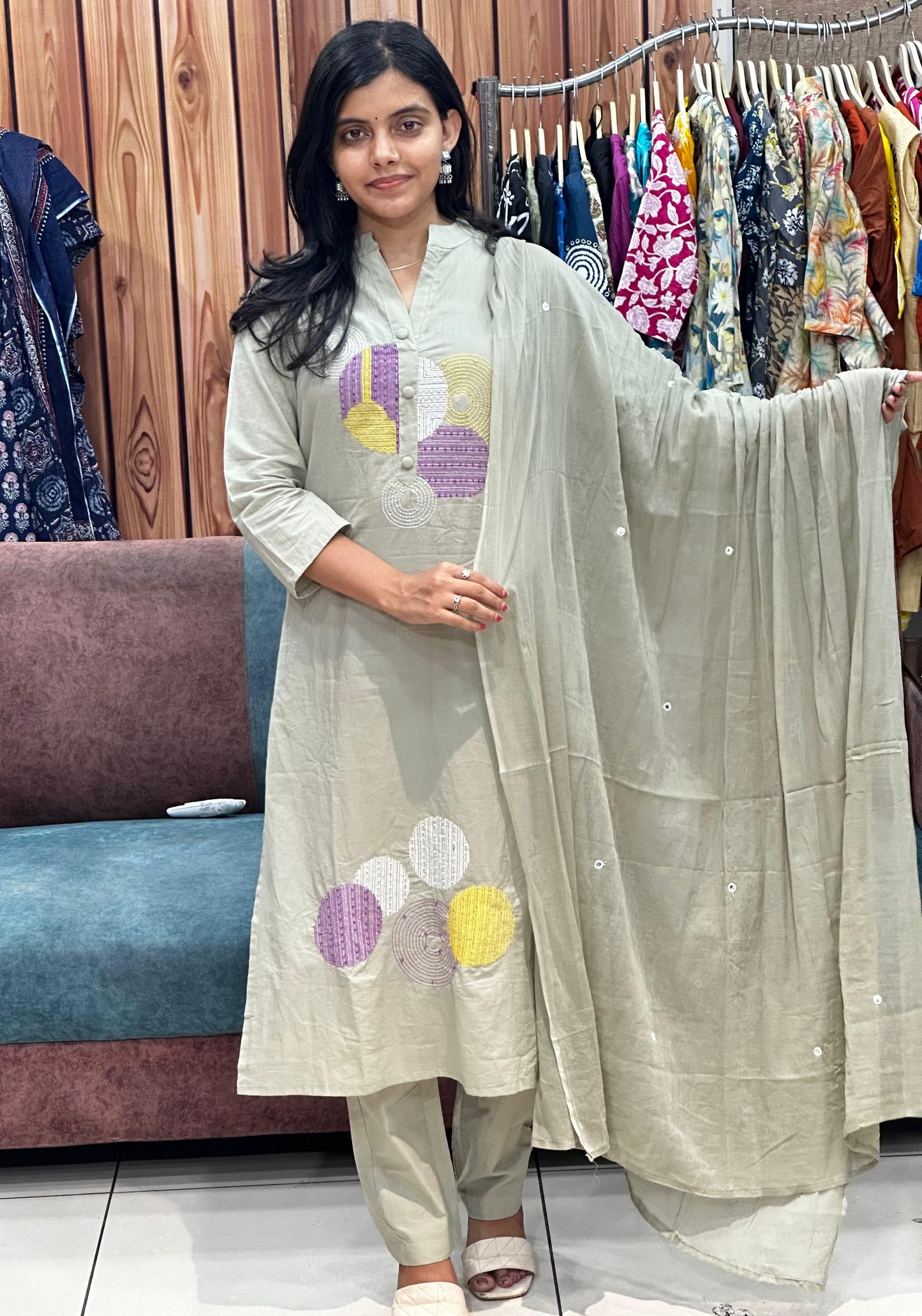Lavender Bliss Pure Cotton Suit – Hand Embroidered Elegance