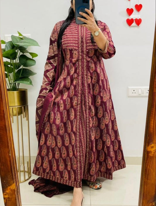 Zarqa Wine Royale Ajrakh Anarkali Set