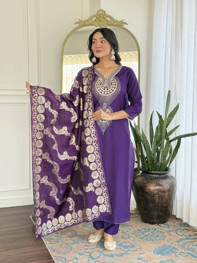 Zarqa Royal Purple Pure Silk Suit Set