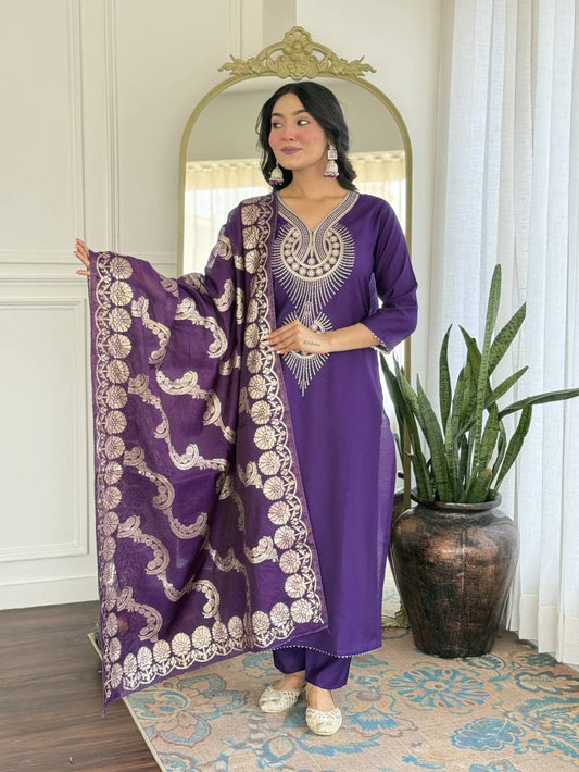 Zarqa Royal Purple Pure Silk Suit Set