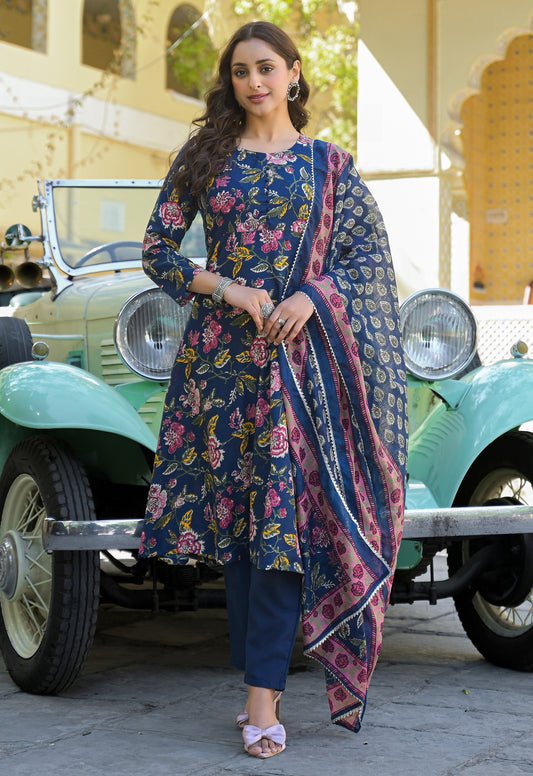 Women Viscose Blue Anarkali Kurta And Pant Set With Dupatta