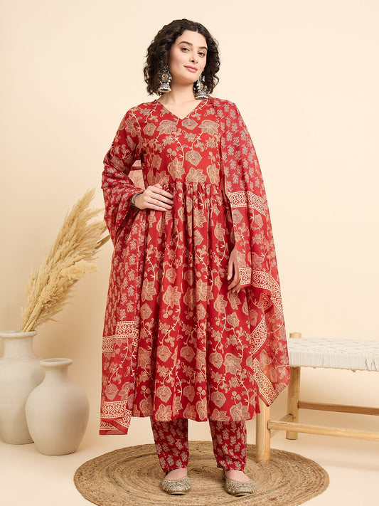 Women’s Viscose Red Anarkali Kurta and Pant Set with Dupatta