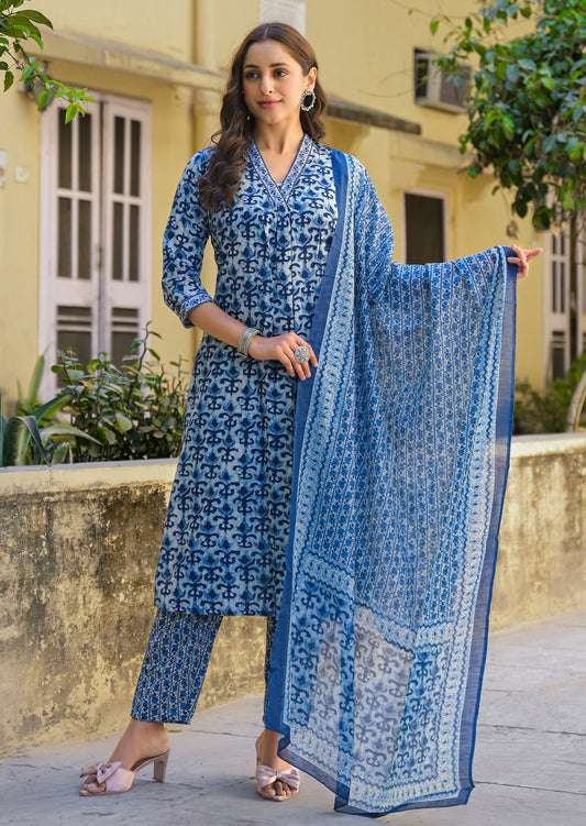 Blue Tranquil Blooms Viscose Suit Set