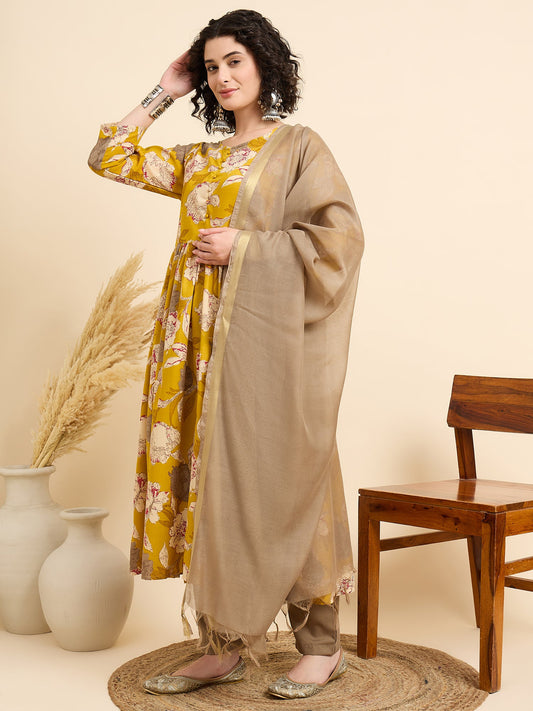 Women’s Viscose Yellow Anarkali Kurta and Pant Set with Dupatta