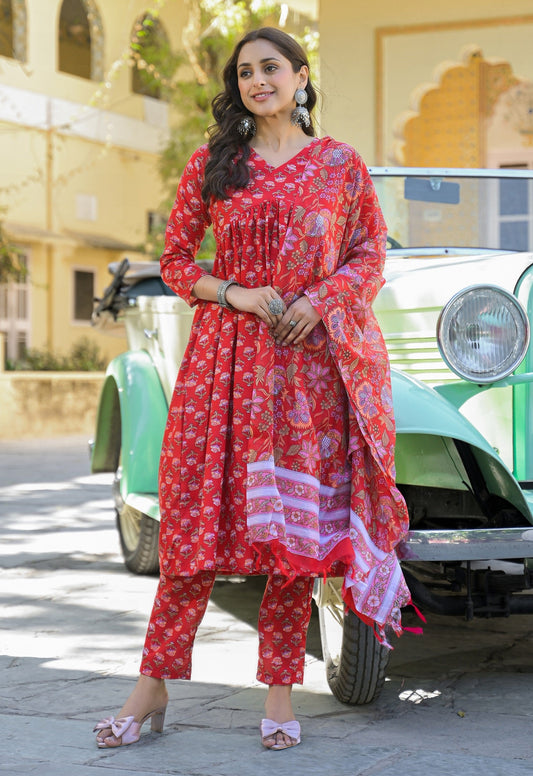 Women’s Viscose Red Anarkali Kurta and Pant Set with Dupatta