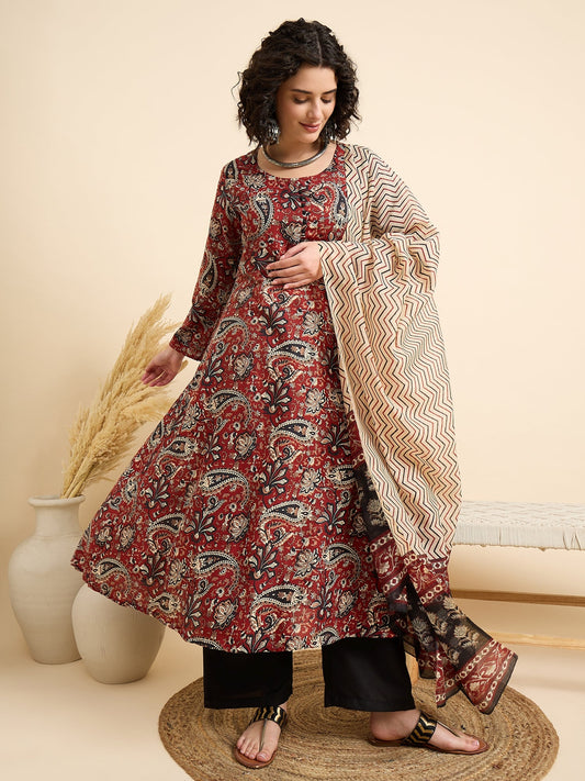 Women's Viscose Maroon Printed Anarkali Kurta with Black Pants and Beige Dupatta