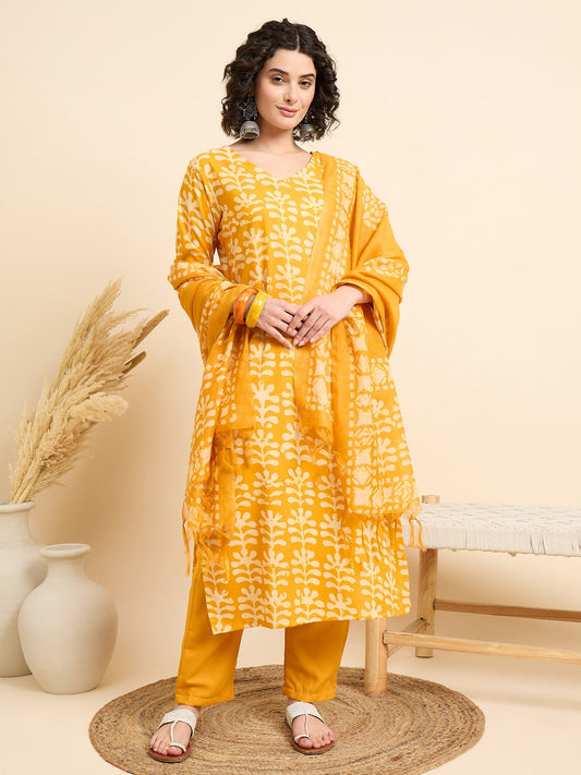 Women’s Viscose Yellow Straight Kurta and Pant Set with Dupatta