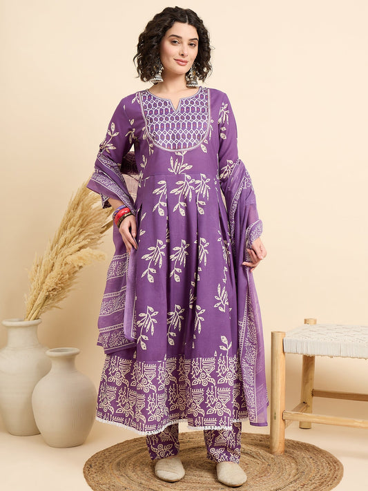 Women’s Viscose Purple Anarkali Kurta and Pant Set with Dupatta