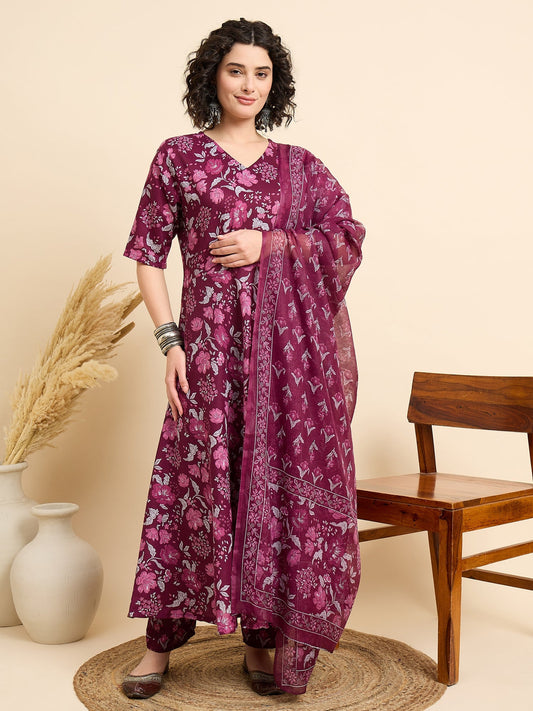 Women’s Viscose Purple Anarkali Kurta and Pant Set with Dupatta