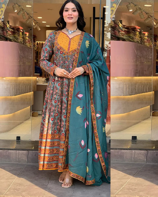 Women’s Viscose Green Anarkali Kurta and Pant Set with Dupatta