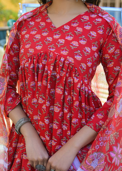 Women’s Viscose Red Anarkali Kurta and Pant Set with Dupatta